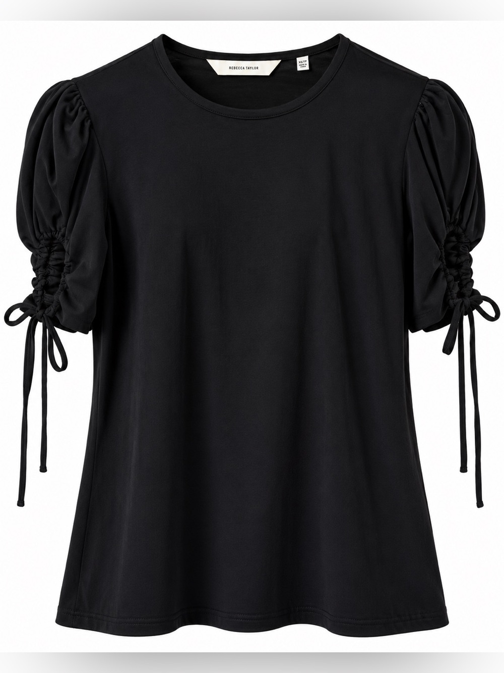 Rebecca Taylor Black Puff Sleeve Knit Top Drawstring Ties Crew Neck Size M
